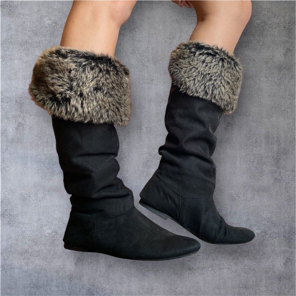 UNION BAY Black Faux Suede Knee High Boots Fold Over Faux Fur Winter Cozy